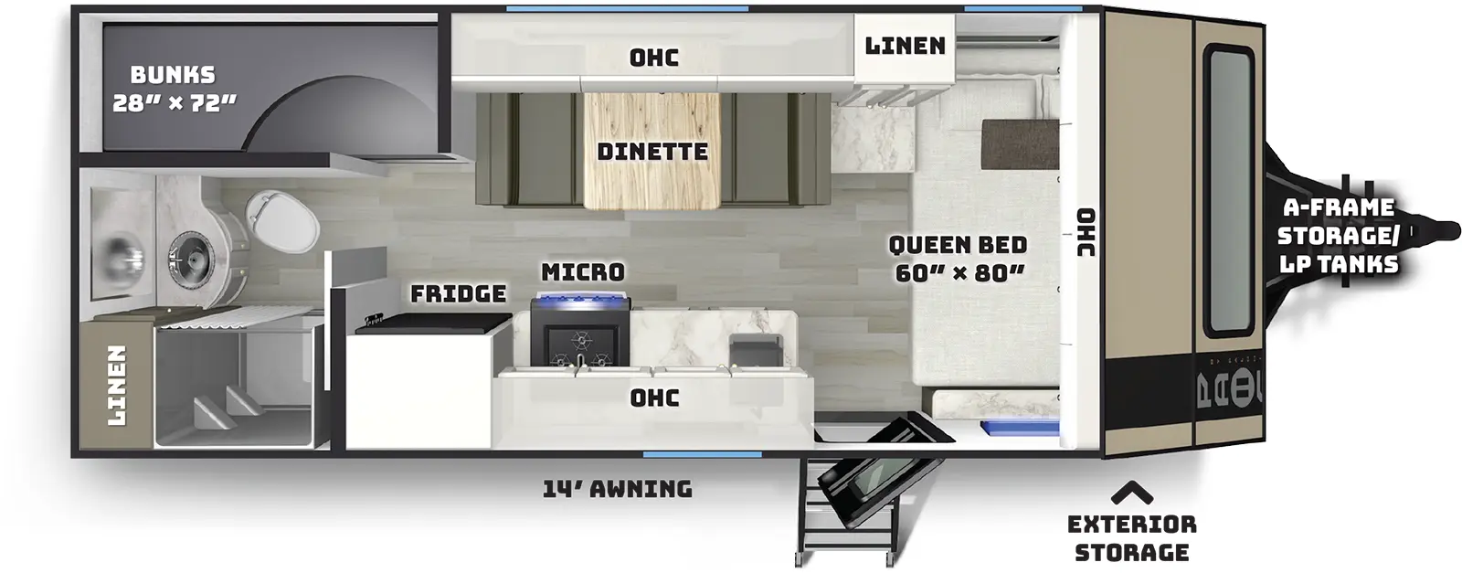The 19.6 has zero slideouts and one entry. Exterior features a-frame storage, LP tanks, exterior storage, and 14 foot awning. Interior layout front to back: side-facing queen bed with overhead cabinet; off-door side linen closet, counter, dinette, and overhead cabinet; door side entry, kitchen counter with sink, cooktop, microwave, overhead cabinet, and refrigerator; off-door side rear bunk beds; door side rear full bathroom with linen closet.